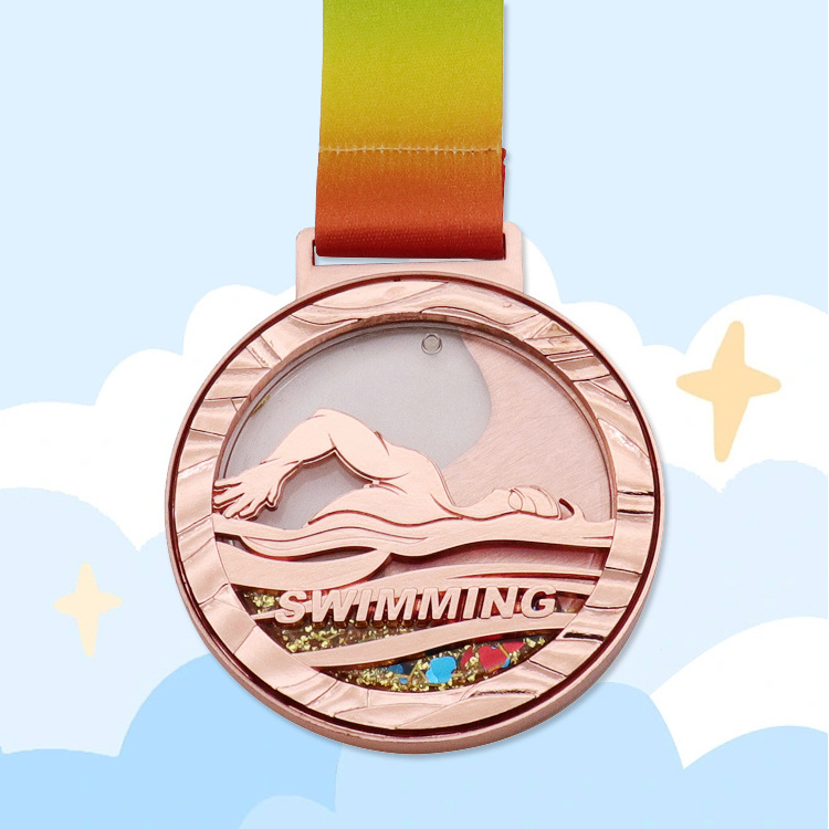 Free Design Metal Medal Custom Colored Ribbon New Technology Quicksand Sports Medal Swimming Engraving Logo Soft Enamel