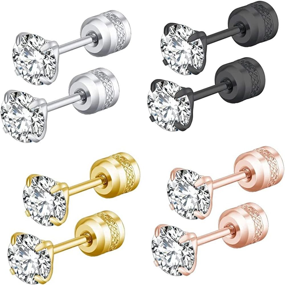 Screw Back Stud Earrings Surgical Stainless Steel Double Sided Round Cubic Zirconia Earrings for Women Men