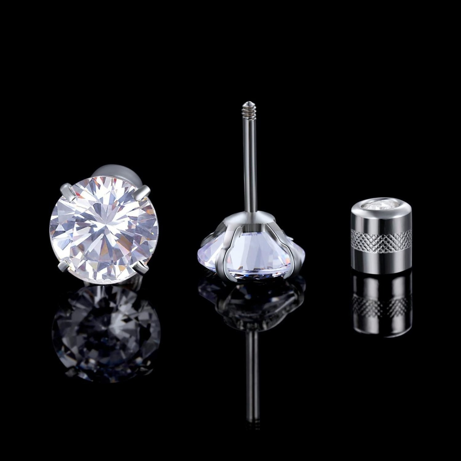 Screw Back Stud Earrings Surgical Stainless Steel Double Sided Round Cubic Zirconia Earrings for Women Men