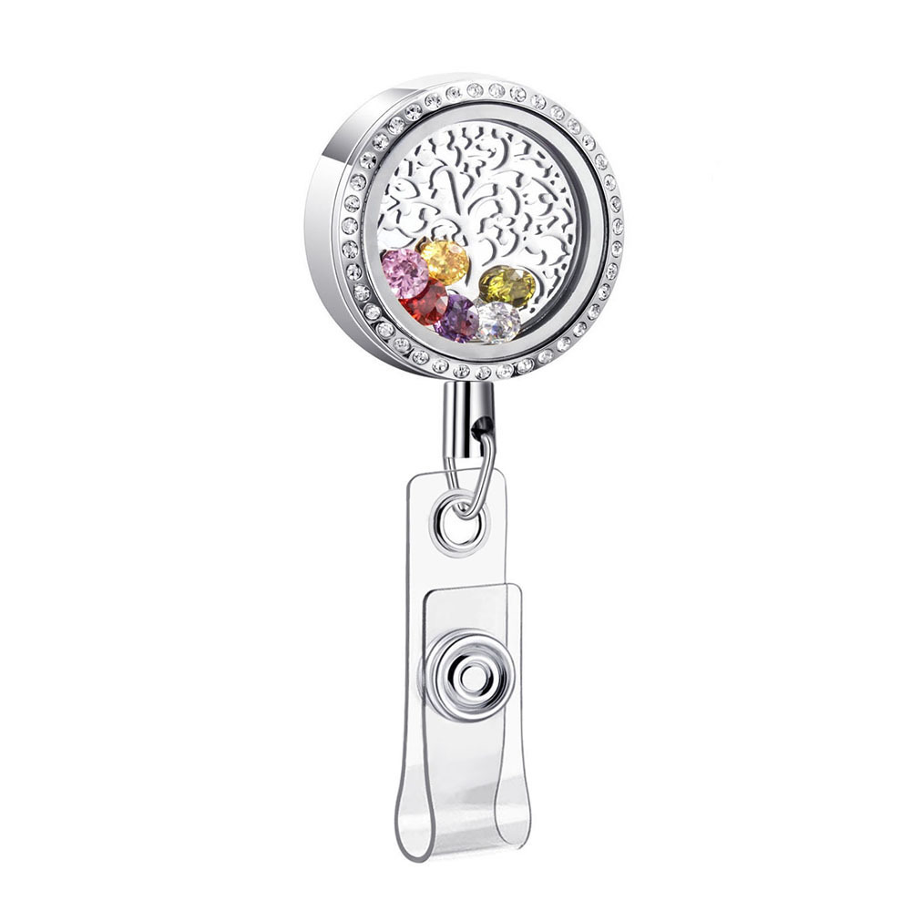 Fashion Stainless Steel Floating Charm Rhinestone Memory Locket Retractable Medical Badge Reel