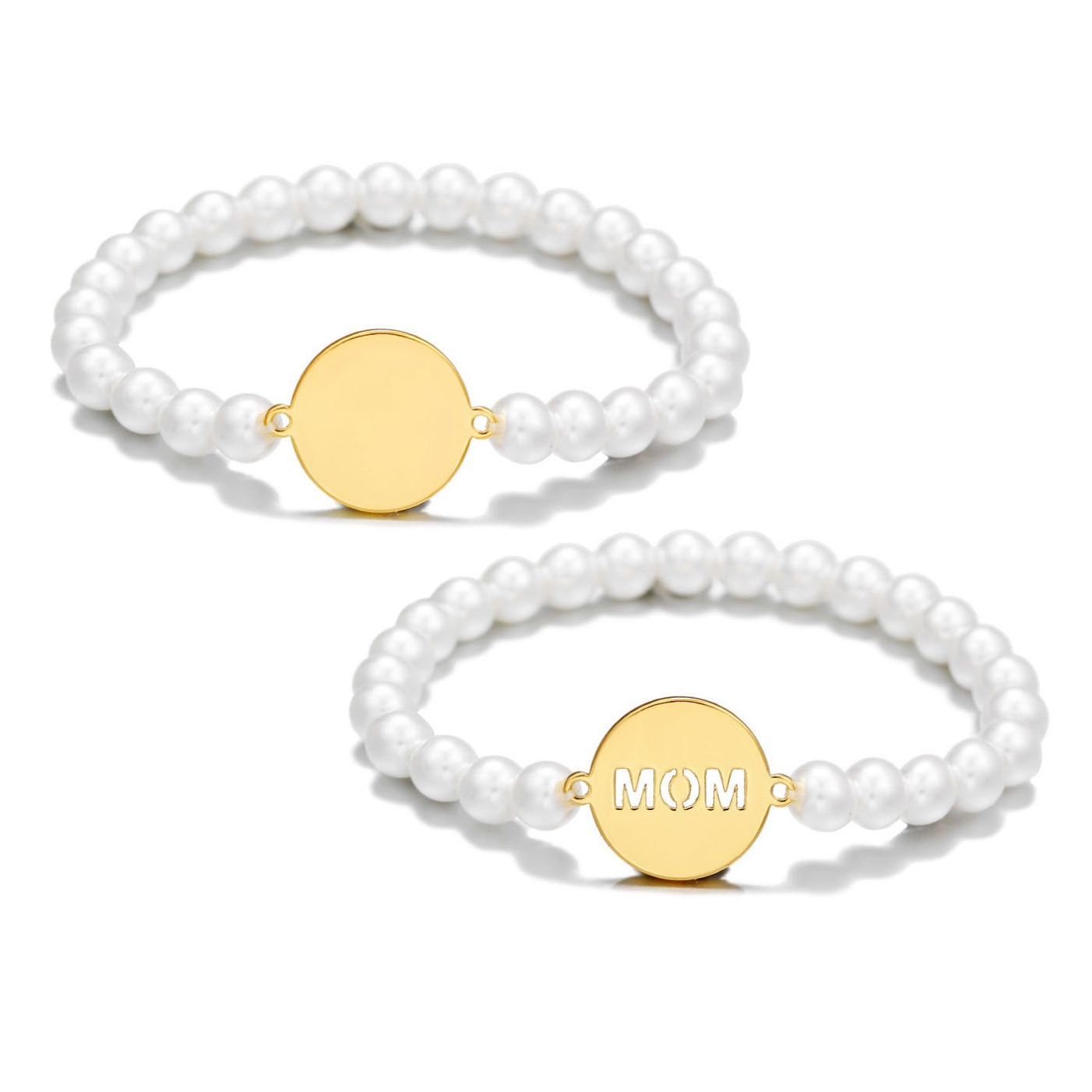 Stainless Steel Gold Plated Plate Engraved Name Bracelet Pearl Beaded Elastic Bracelets for Women