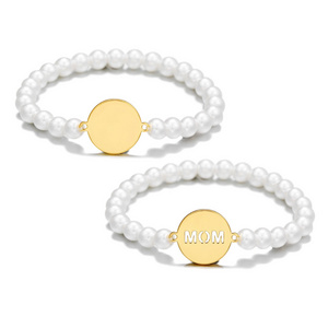 Stainless Steel Gold Plated Plate Engraved Name Bracelet Pearl Beaded Elastic Bracelets for Women