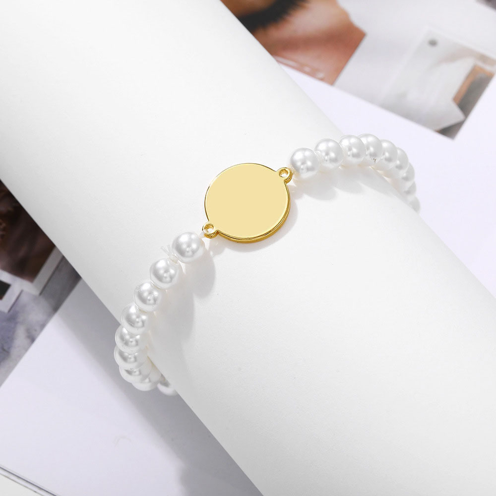 Stainless Steel Gold Plated Plate Engraved Name Bracelet Pearl Beaded Elastic Bracelets for Women