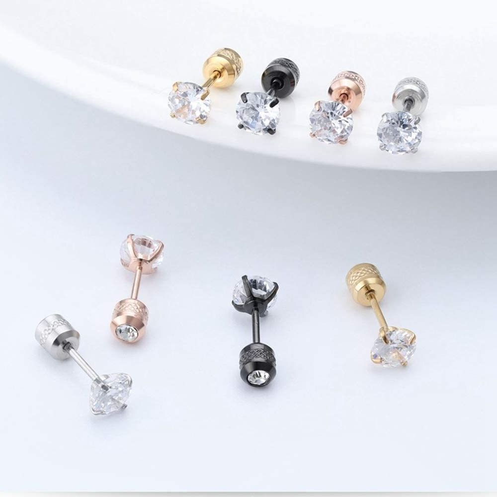 Screw Back Stud Earrings Surgical Stainless Steel Double Sided Round Cubic Zirconia Earrings for Women Men