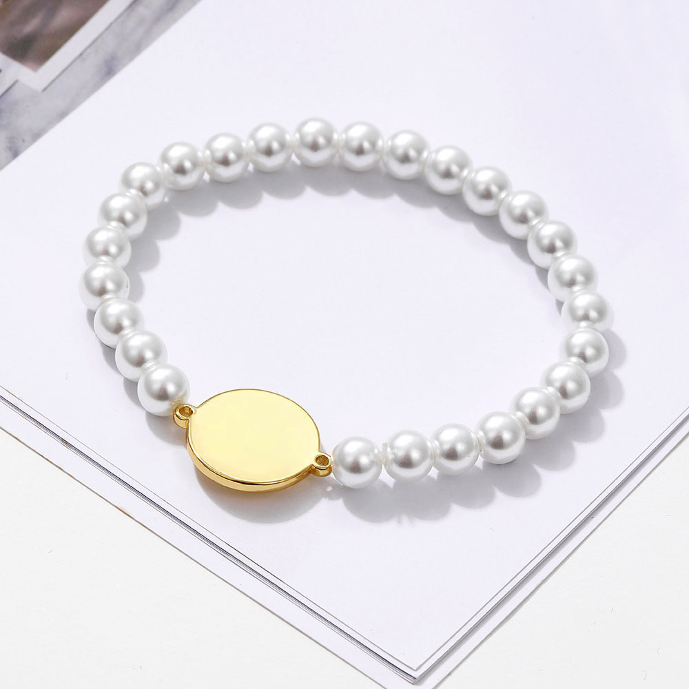 Stainless Steel Gold Plated Plate Engraved Name Bracelet Pearl Beaded Elastic Bracelets for Women