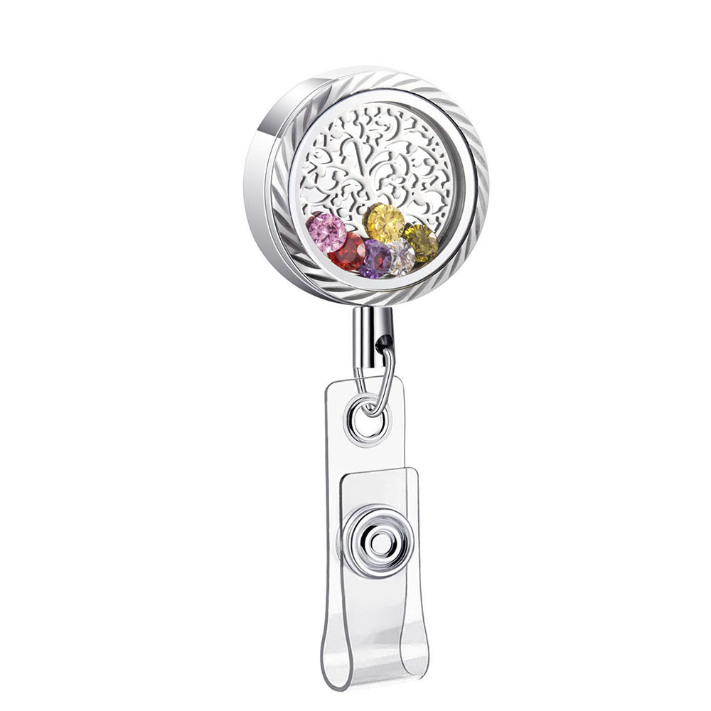 Fashion Stainless Steel Floating Charm Rhinestone Memory Locket Retractable Medical Badge Reel