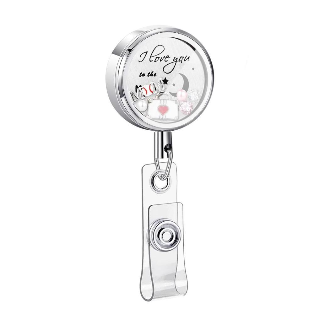 Fashion Stainless Steel Floating Charm Rhinestone Memory Locket Retractable Medical Badge Reel