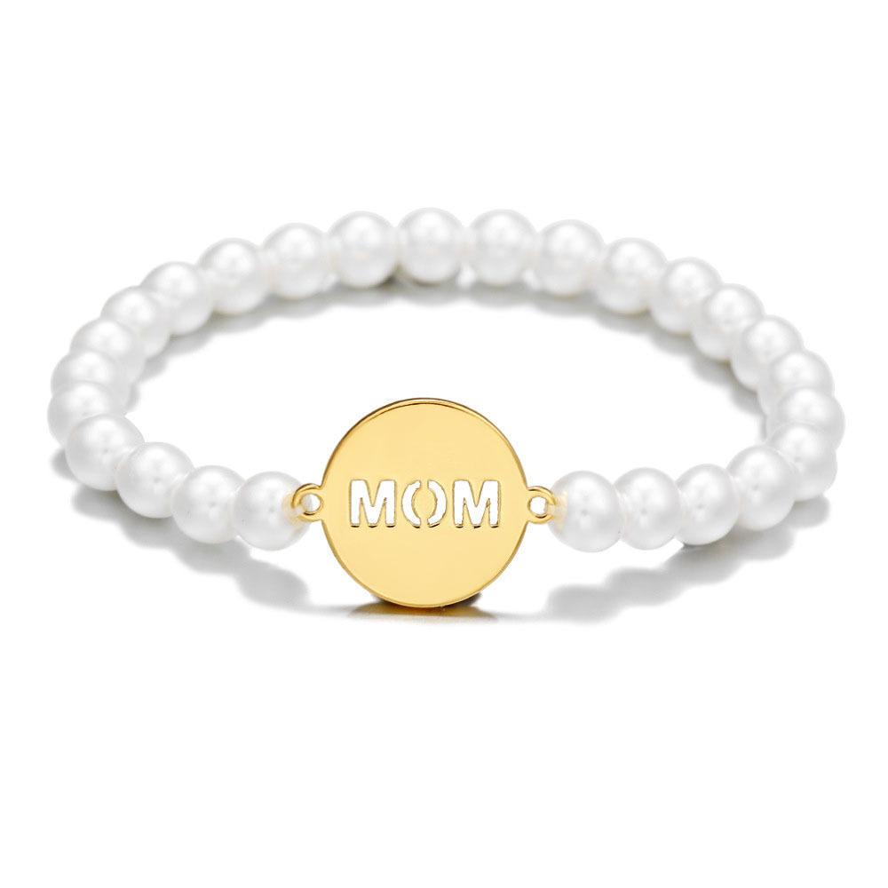 Stainless Steel Gold Plated Plate Engraved Name Bracelet Pearl Beaded Elastic Bracelets for Women