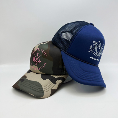 high quality foam hats wholesale 5 panel blank sport cap custom printed logo camo Navy Blue mesh foam trucker hat with rope