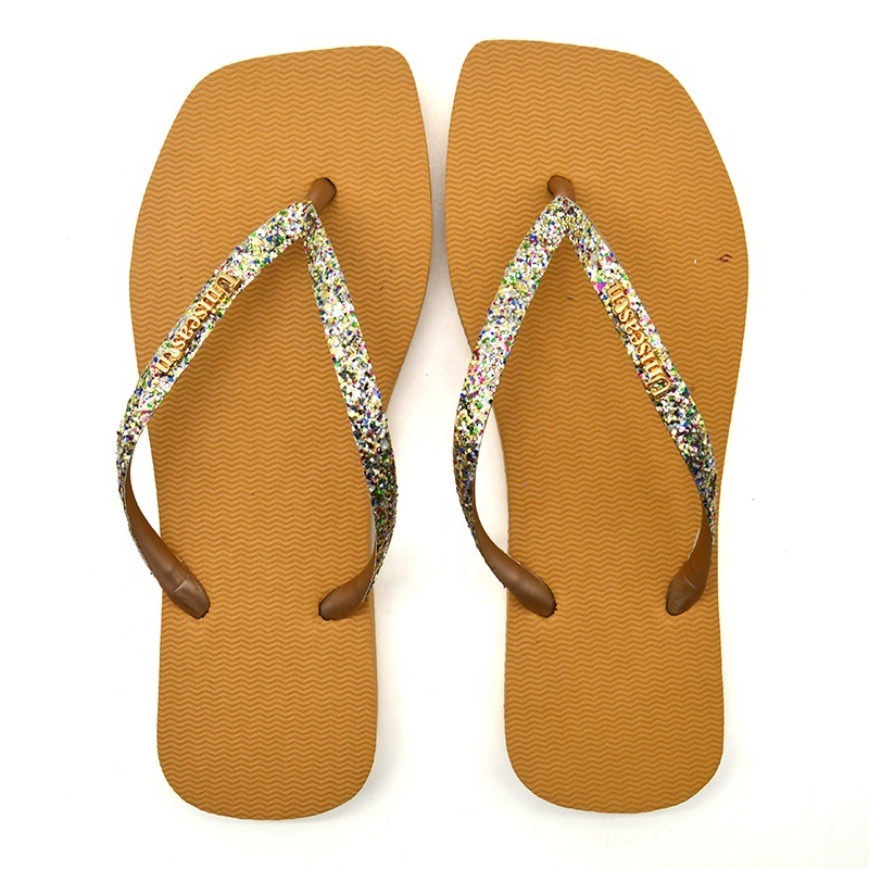 Hot Sales Summer Slippers Lightweight and Lighted Women's Rubber Flip Flops with Glitter Upper Square-Toed Beach Slippers