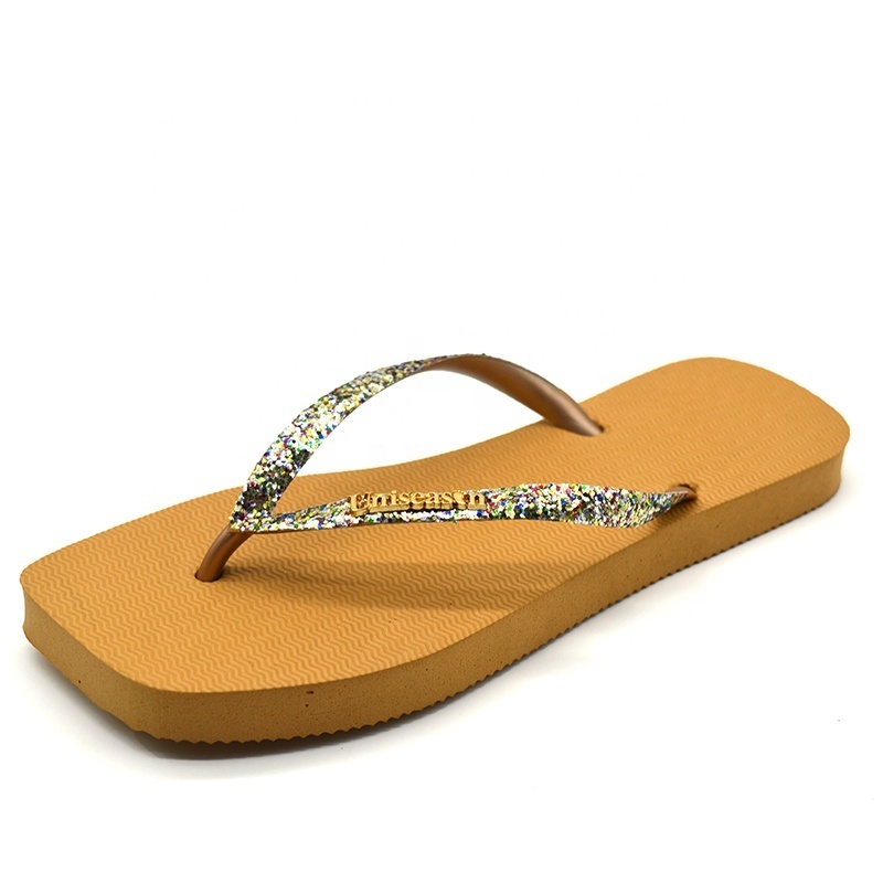 Hot Sales Summer Slippers Lightweight and Lighted Women's Rubber Flip Flops with Glitter Upper Square-Toed Beach Slippers