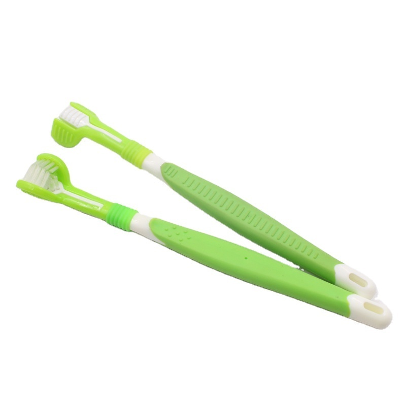 Customized Oral Care Fully Wrapped Soft Bristle 3 Sided Toothbrush Small Head Long Rubber Handle Pet Cat Dog 3 Heads Toothbrush