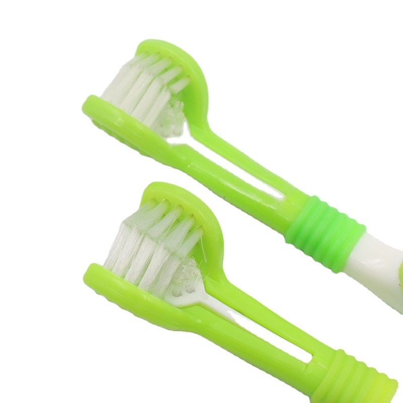 Customized Oral Care Fully Wrapped Soft Bristle 3 Sided Toothbrush Small Head Long Rubber Handle Pet Cat Dog 3 Heads Toothbrush