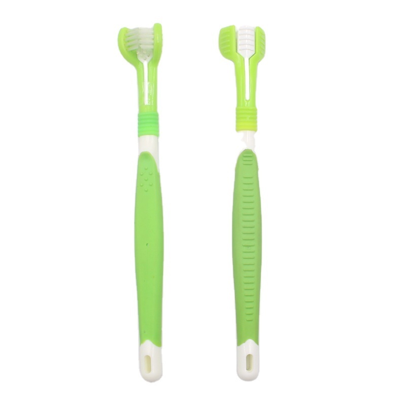 Customized Oral Care Fully Wrapped Soft Bristle 3 Sided Toothbrush Small Head Long Rubber Handle Pet Cat Dog 3 Heads Toothbrush