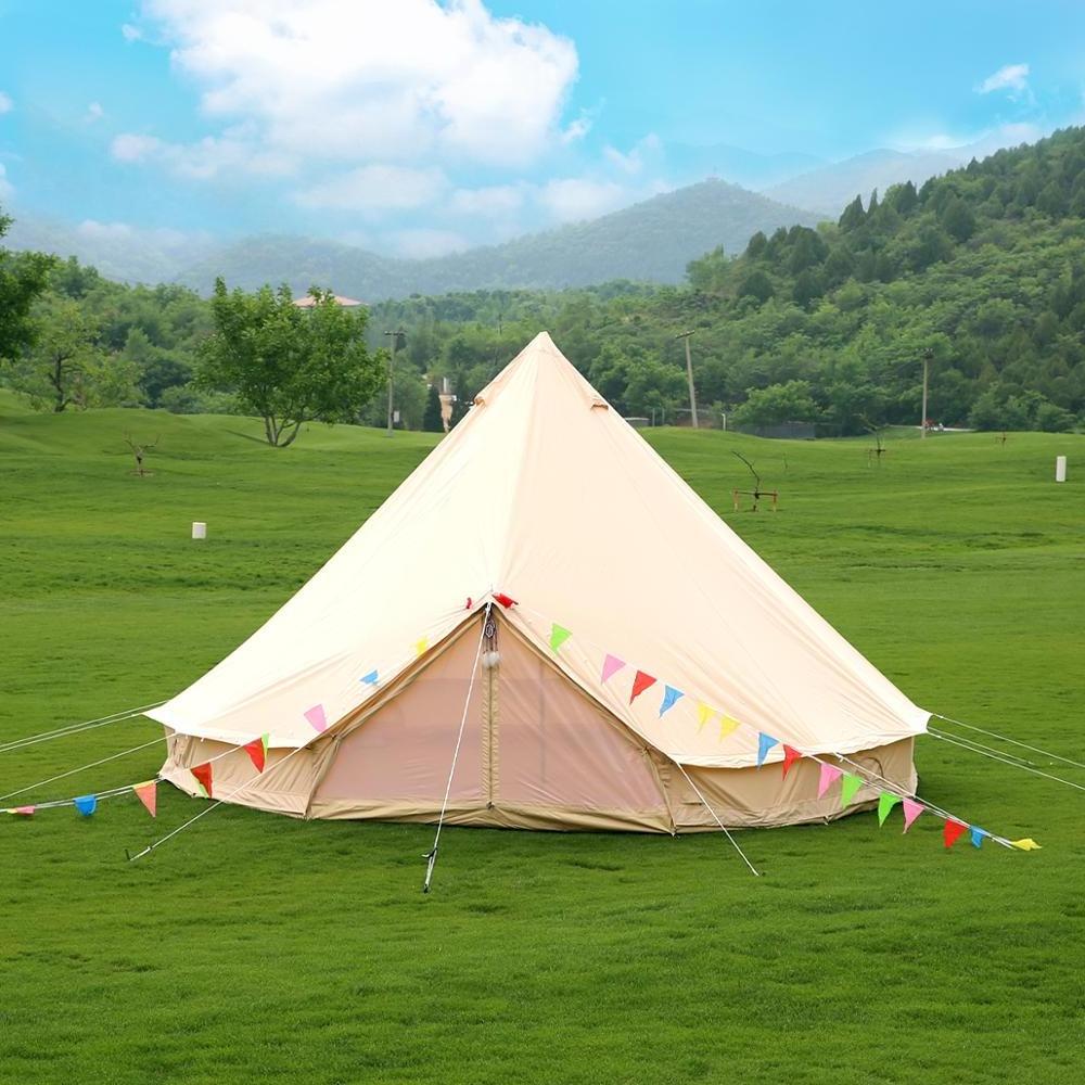 4-Season Waterproof Cotton Canvas Large Family Camp Beige Color Bell Tent Hunting Wall Tent with Roof Stove Jack Hole