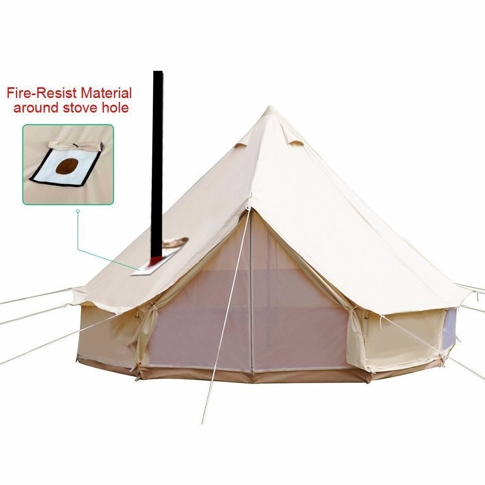 4-Season Waterproof Cotton Canvas Large Family Camp Beige Color Bell Tent Hunting Wall Tent with Roof Stove Jack Hole