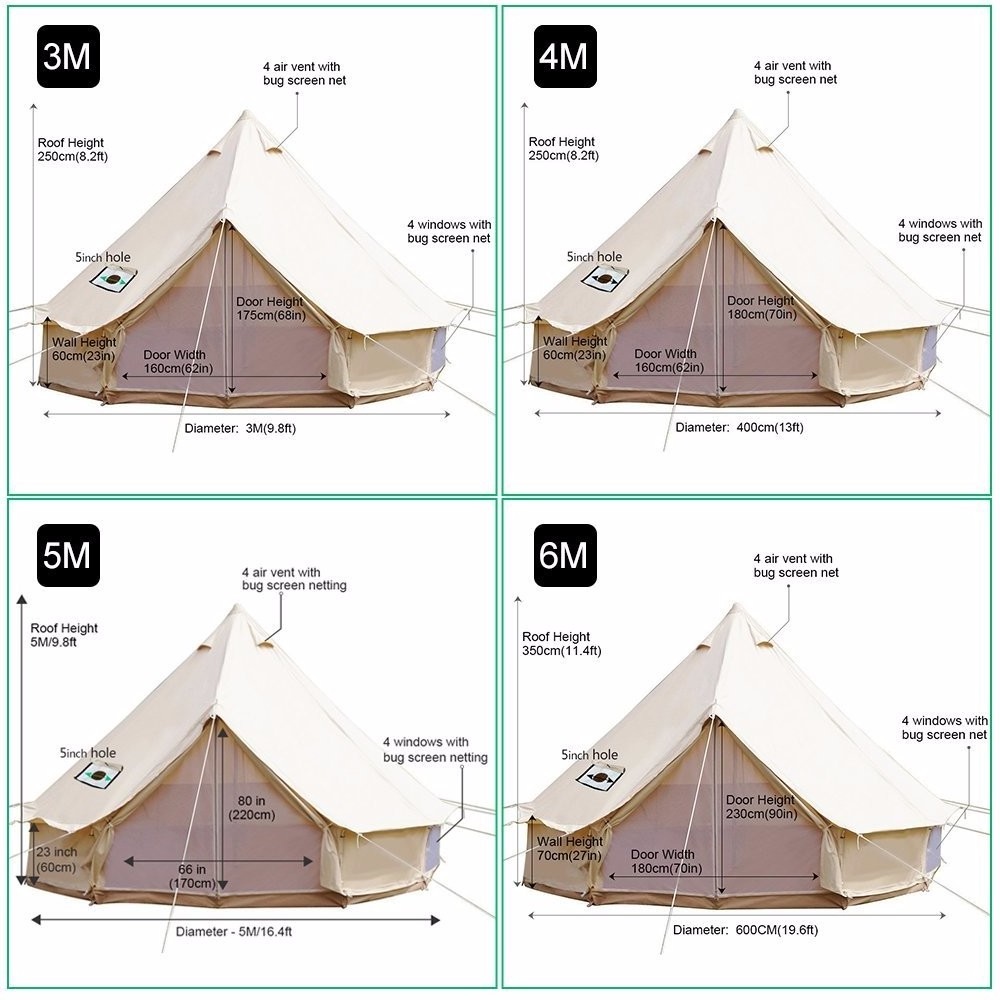 4-Season Waterproof Cotton Canvas Large Family Camp Beige Color Bell Tent Hunting Wall Tent with Roof Stove Jack Hole