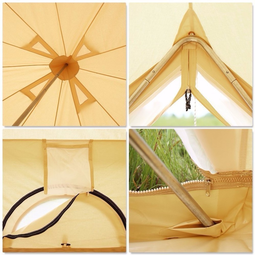 4-Season Waterproof Cotton Canvas Large Family Camp Beige Color Bell Tent Hunting Wall Tent with Roof Stove Jack Hole