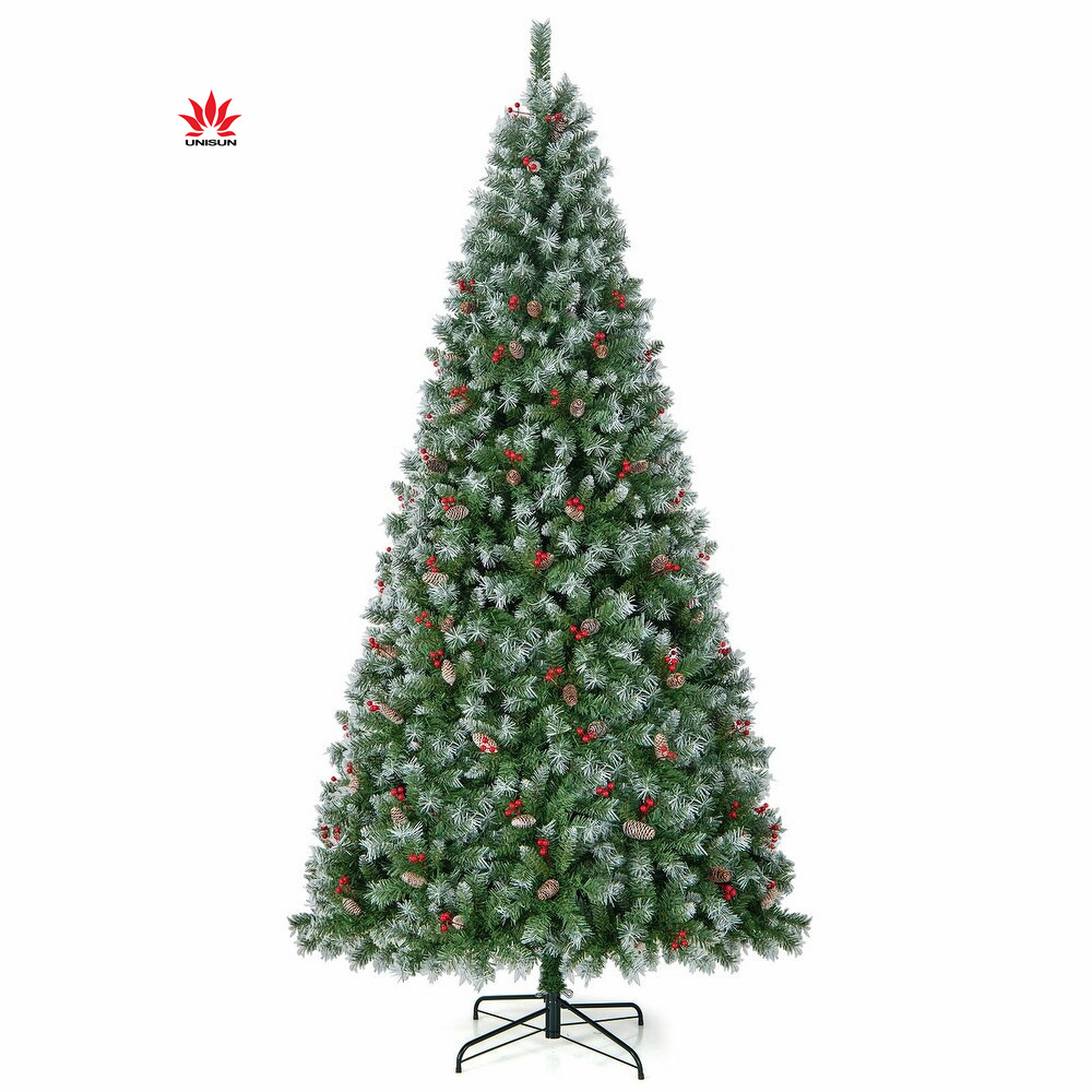 warm white LED lights decoration pine cones and berries spray white snow Christmas tree for festival decor