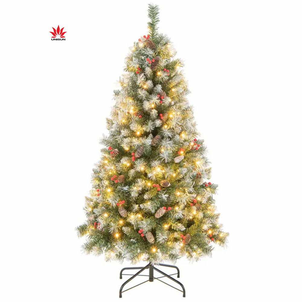 warm white LED lights decoration pine cones and berries spray white snow Christmas tree for festival decor