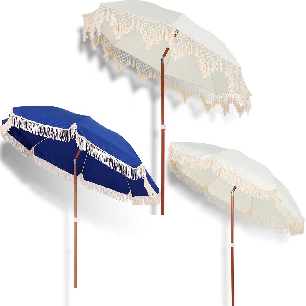 Wholesale Customized Beach Umbrella White Sun Umbrella  Potable Parasol Beach Umbrella With Tassel