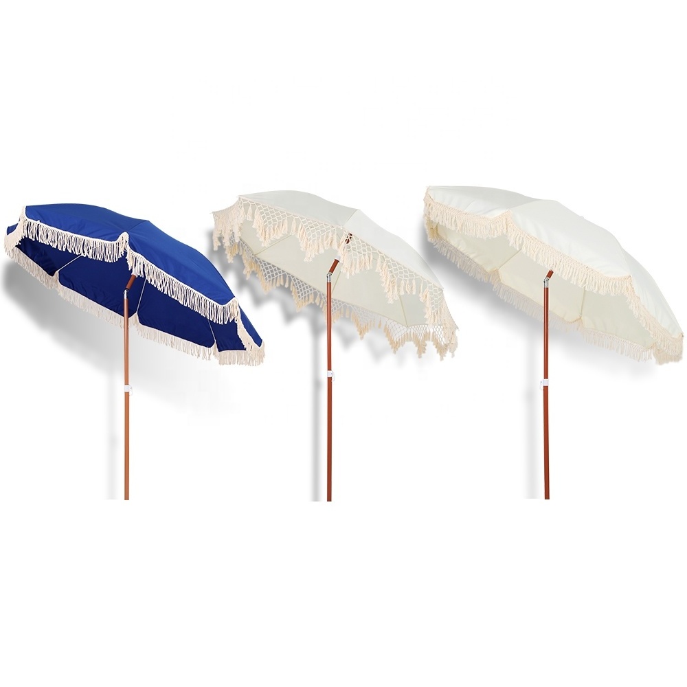 Wholesale Customized Beach Umbrella White Sun Umbrella  Potable Parasol Beach Umbrella With Tassel