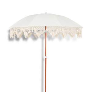 Custom Print Logo Portable Luxury Boho Canvas Fringed Windproof Outdoor Patio Parasols Sun Wooden Beach Umbrellas With Tassels