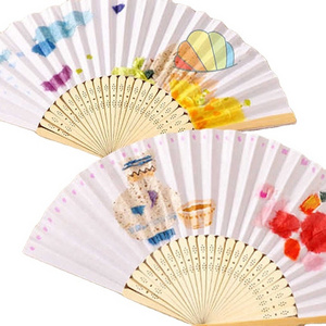 Wholesale cheap white bamboo paper hand fan  diy paper fans