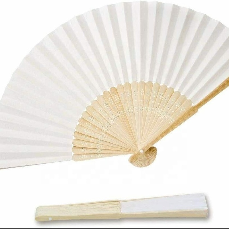 Wholesale cheap white bamboo paper hand fan  diy paper fans