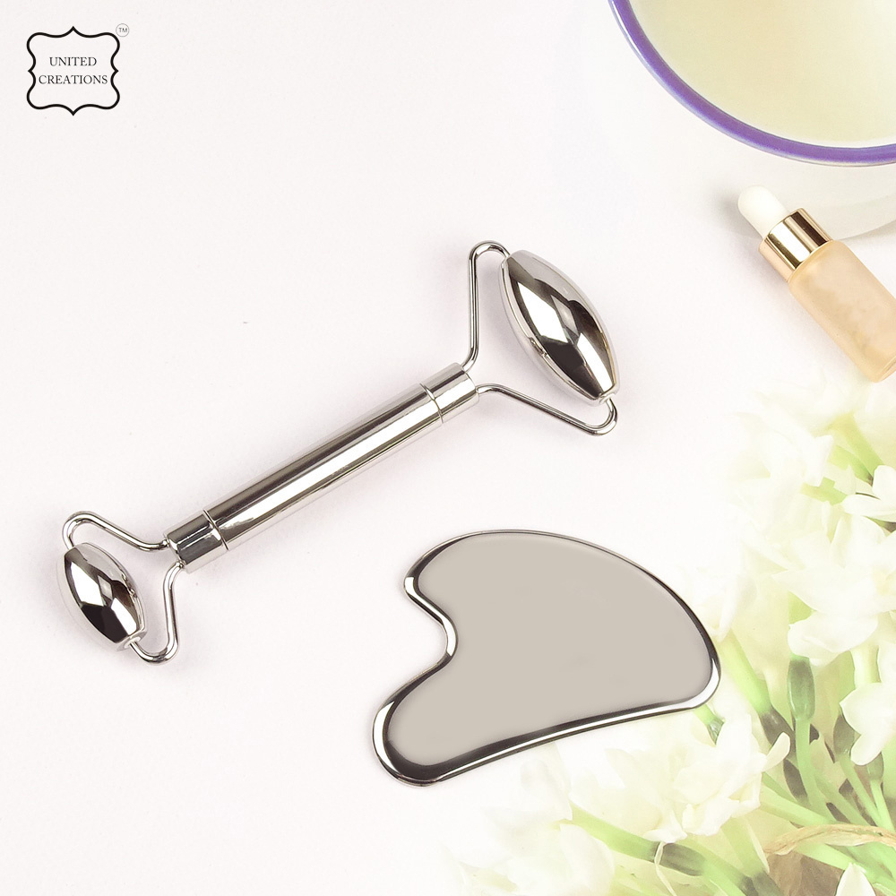 Custom Stainless Steel Face Massage Roller and Gua Sha Set Wholesale Stainless Steel Metal Facial Guasha Roller Skincare Tool