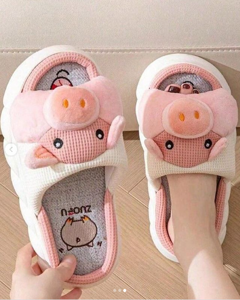 Women cute pig summer cow stuffed wholesale animal print plush fluffy fuzzy slippers soft plush house shoes open toe slippers