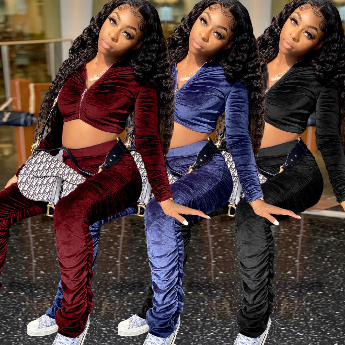 Velvet Tracksuits Long Sleeve Two Piece Set Winter Women Workout Fall Sexy 2 Piece Stacked Pants Jogger Set Sweat Suits