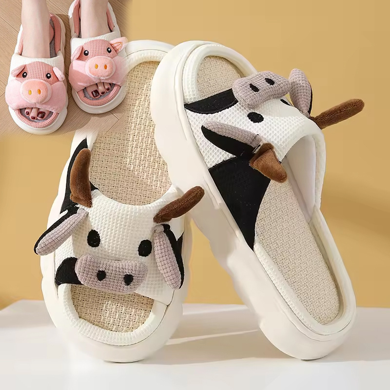 Women cute pig summer cow stuffed wholesale animal print plush fluffy fuzzy slippers soft plush house shoes open toe slippers