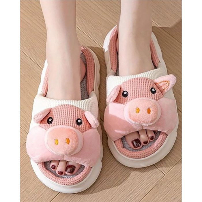 Wholesale Cute Pig Cow Smile Slippers Fluffy Fuzzy Animal Print Pattern Slides Ladies Winter Indoor Flat Warm House Slippers