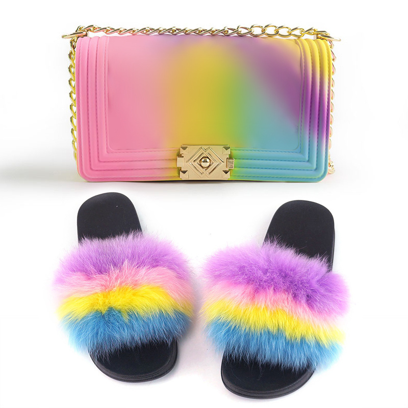 wholesale Rainbow color two piece set jelly purses handbags with matching real fur slides for women