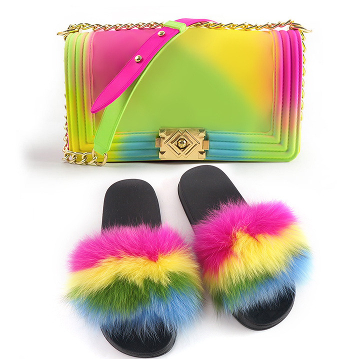 wholesale Rainbow color two piece set jelly purses handbags with matching real fur slides for women