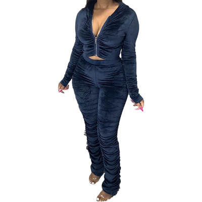 Velvet Tracksuits Long Sleeve Two Piece Set Winter Women Workout Fall Sexy 2 Piece Stacked Pants Jogger Set Sweat Suits