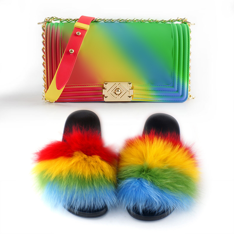 wholesale Rainbow color two piece set jelly purses handbags with matching real fur slides for women