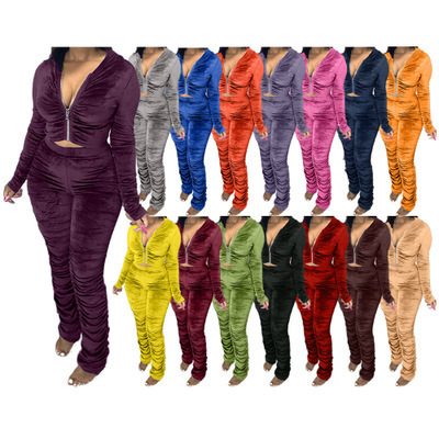 Velvet Tracksuits Long Sleeve Two Piece Set Winter Women Workout Fall Sexy 2 Piece Stacked Pants Jogger Set Sweat Suits