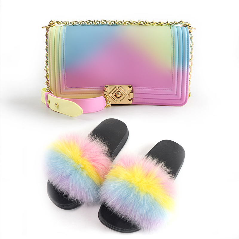 wholesale Rainbow color two piece set jelly purses handbags with matching real fur slides for women