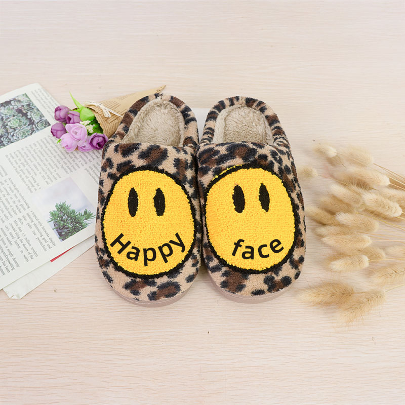 New comfortable soft unisex size pattern flower face slippers shoe PVC non-slip sole teddy velvet fur smile happy face slippers