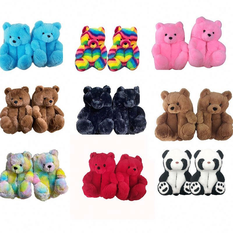 Custom Logo Indoor Bedroom 2024 Furry Pantuflas Zapatilla Fuzzy Children Teddy Bear Animal Kids Slippers For Women Girls