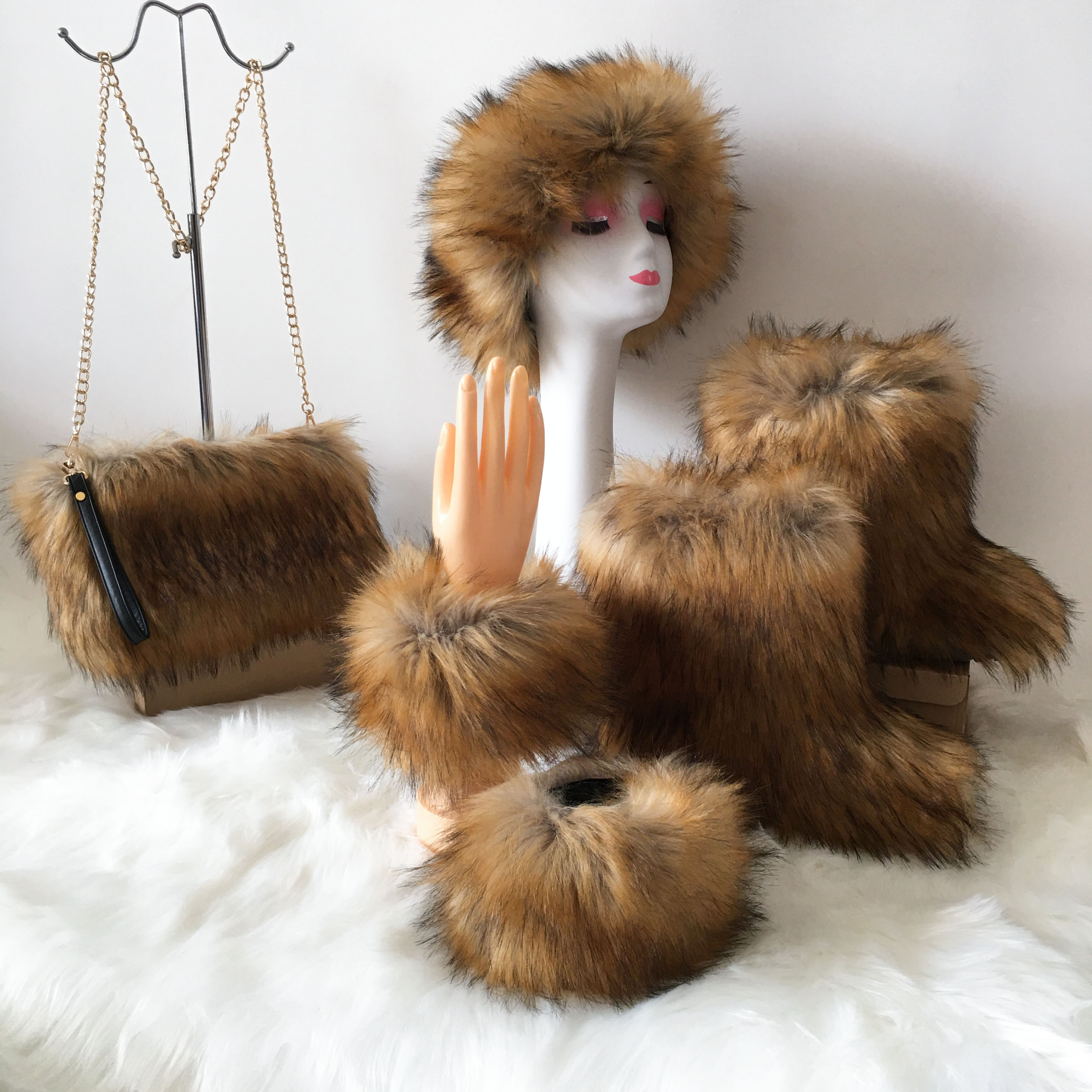 Winter hot selling Fake Fox Fur Rainbow Bags With Colorful fur headbands And Multicolor Fur boots 4 Pcs Sets