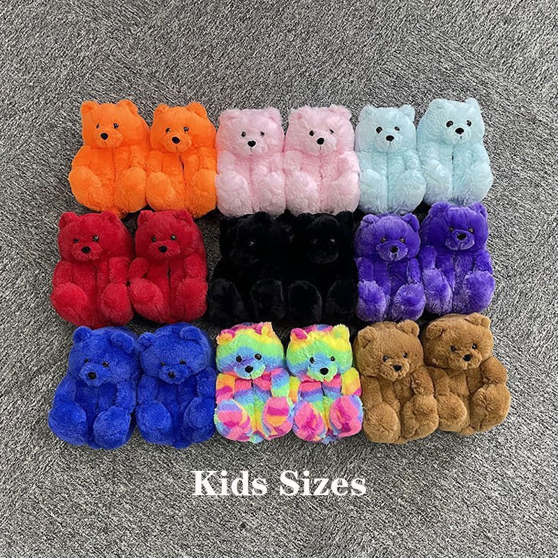 Custom Logo Indoor Bedroom 2024 Furry Pantuflas Zapatilla Fuzzy Children Teddy Bear Animal Kids Slippers For Women Girls