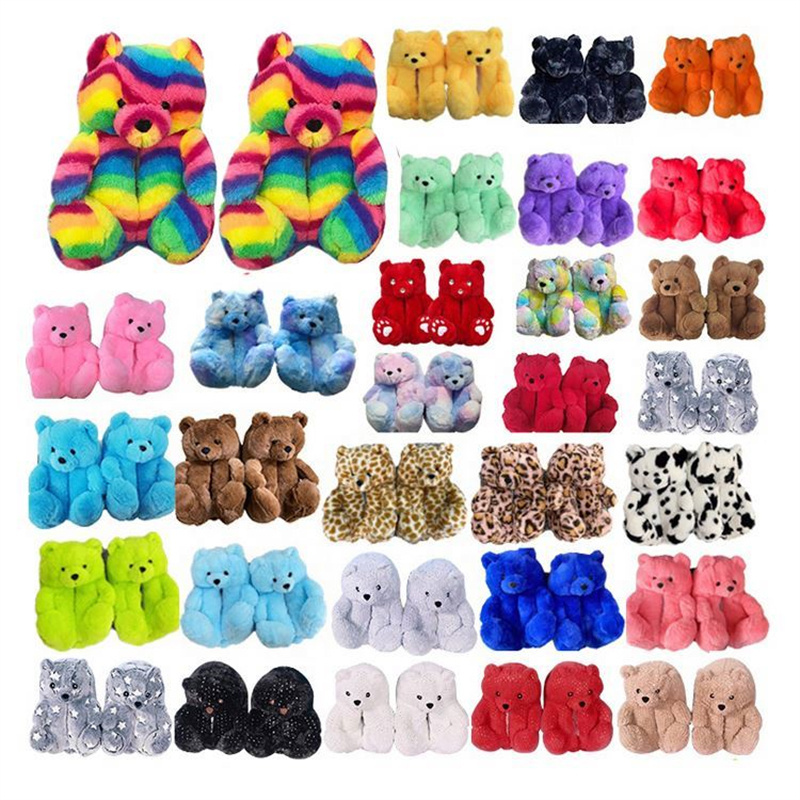 Custom Logo Indoor Bedroom 2024 Furry Pantuflas Zapatilla Fuzzy Children Teddy Bear Animal Kids Slippers For Women Girls