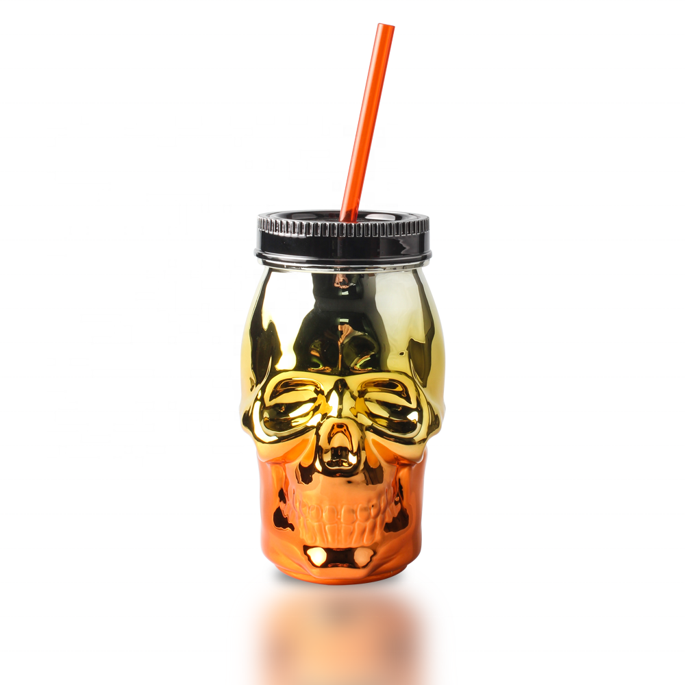 Koi Plastic Skeleton head mason jar with electroplating outside for Halloween