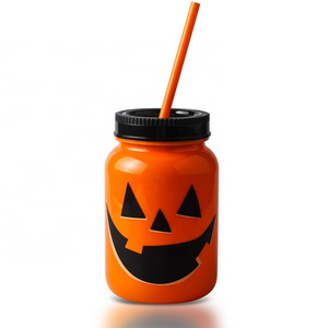 24 OZ Orange Color Plastic Mason Jar for Halloween  Party and Events Plastic Drinking Jar with Lid and Straw