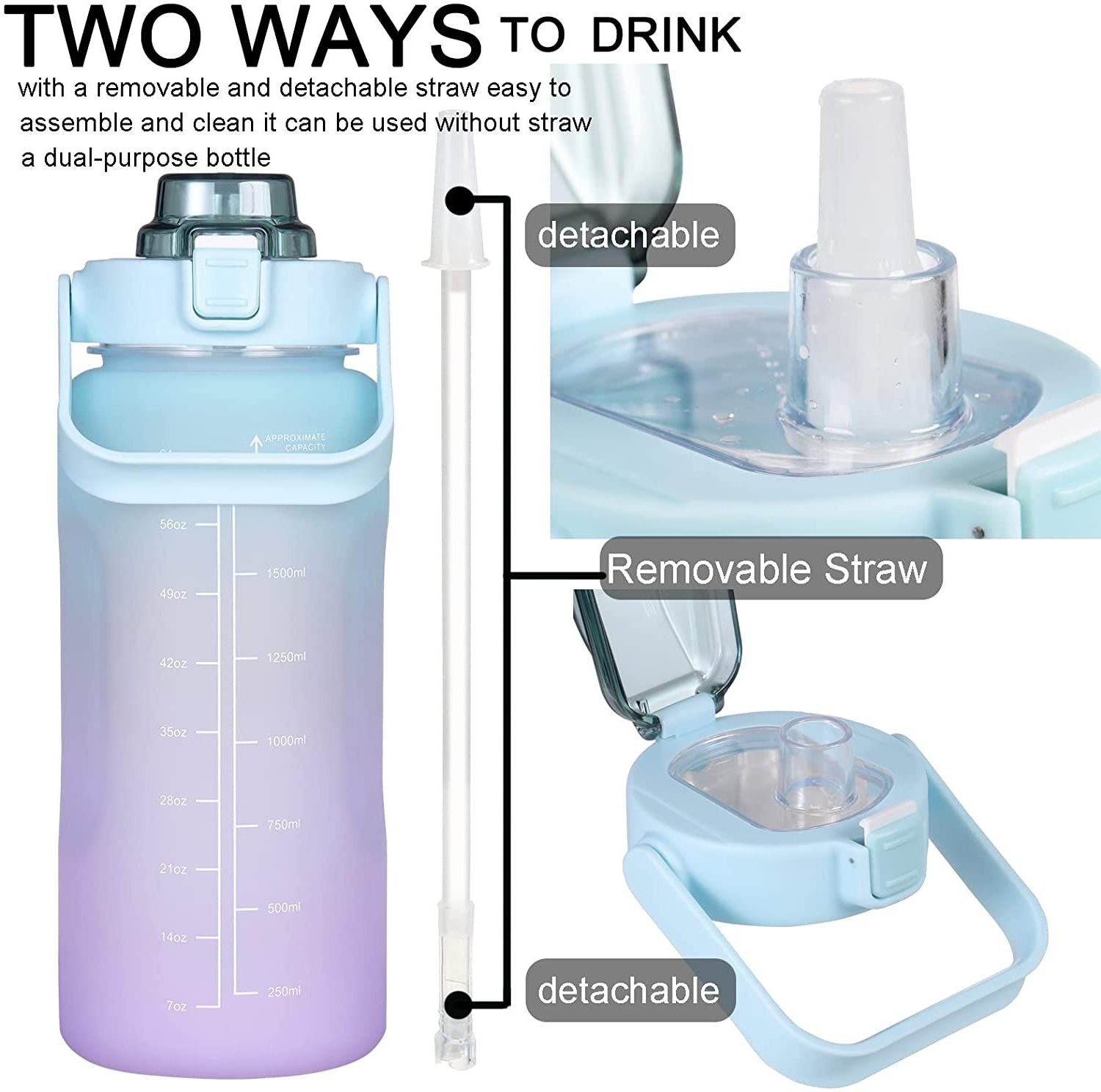 Amzn Hot Sale Plastic Time Maker 64OZ Leakproof Free Drinking Water Bottle  for Sports and Fitness