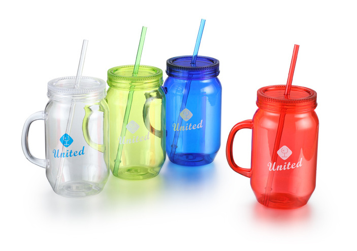 Big Capacity BPA Free Customized 26oz Plastic Mason Jars Wide Mouth With Handle And Lid