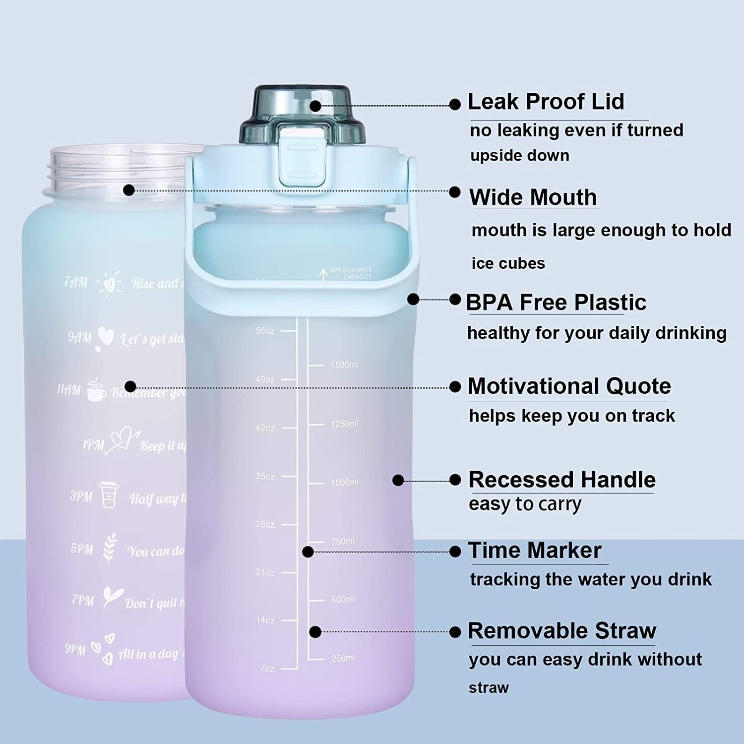 Amzn Hot Sale Plastic Time Maker 64OZ Leakproof Free Drinking Water Bottle  for Sports and Fitness